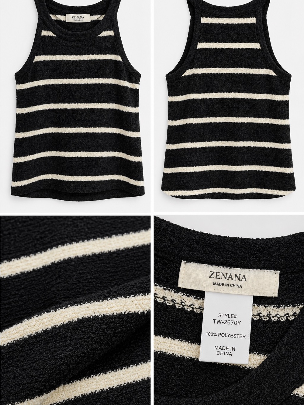 Zenana Outfitters Black and Cream Striped Ribbed Tank - Picture 2 of 2